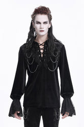 Black V Collar Long Sleeves Lace-Up Chain Men's Gothic Blouse
